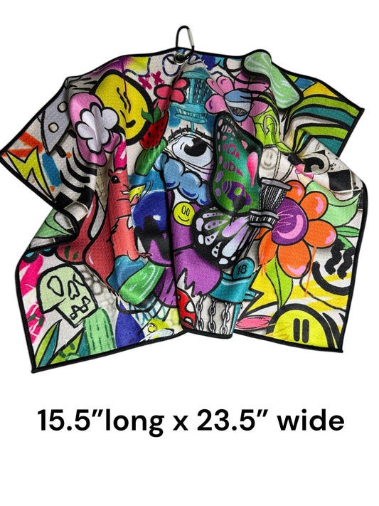 Graffiti Disc Golf Towel with Clip | Microfiber Disc Cleaner | Carbella Designs